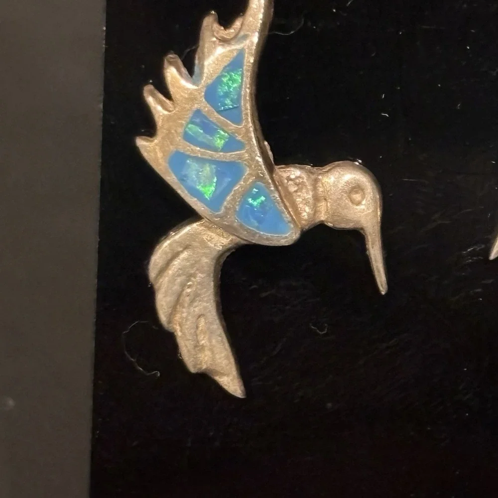Vintage Mexico 950 Silver Signed Opal In-lay Hummingbird Dangle Drop Earrings